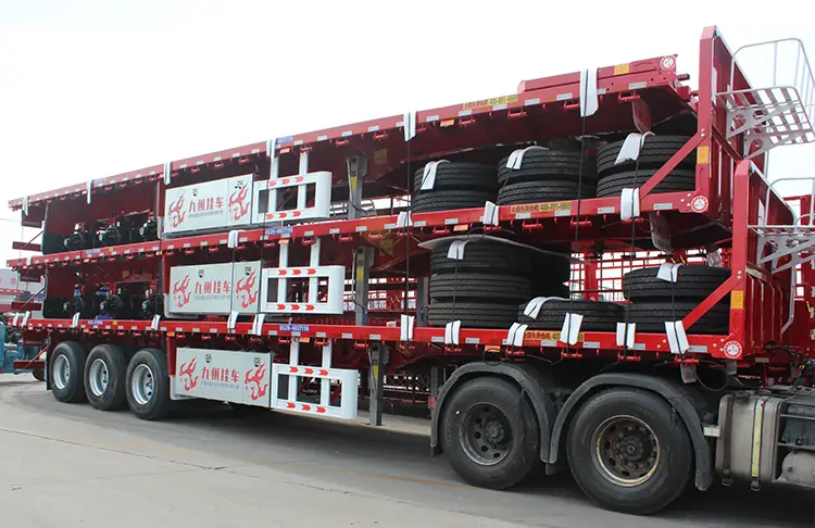  3 Axle 60 Ton Container Chassis Truck Trailer Flatbed Cargo Trailer-flatbed trailer_skeletal trailer_low bed trailer_dump trailer_cargo trailer-Shandong Jiuzhou Automobile Manufacturing Co., Ltd.