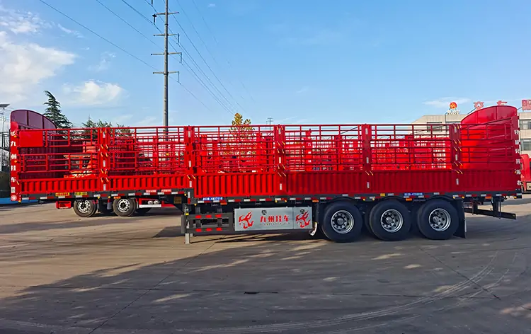 3 Axles Side Wall Fence Cargo Semi Trailer-flatbed trailer_skeletal trailer_low bed trailer_dump trailer_cargo trailer-Shandong Jiuzhou Automobile Manufacturing Co., Ltd. 3 Axles Side Wall Fence Cargo Semi Trailer-flatbed trailer_skeletal trailer_low bed trailer_dump trailer_cargo trailer-Shandong Jiuzhou Automobile Manufacturing Co., Ltd.