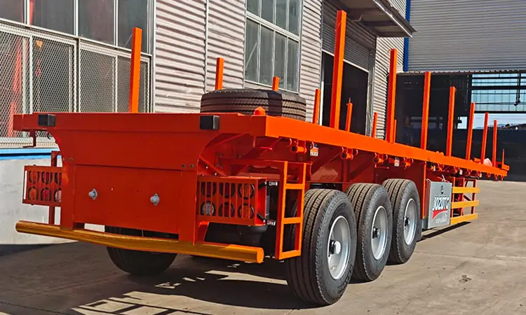 3 Axle 40ft 60tons Flat Deck Semi Trailer-flatbed trailer_skeletal trailer_low bed trailer_dump trailer_cargo trailer-Shandong Jiuzhou Automobile Manufacturing Co., Ltd. 3 Axle 40ft 60tons Flat Deck Semi Trailer-flatbed trailer_skeletal trailer_low bed trailer_dump trailer_cargo trailer-Shandong Jiuzhou Automobile Manufacturing Co., Ltd.