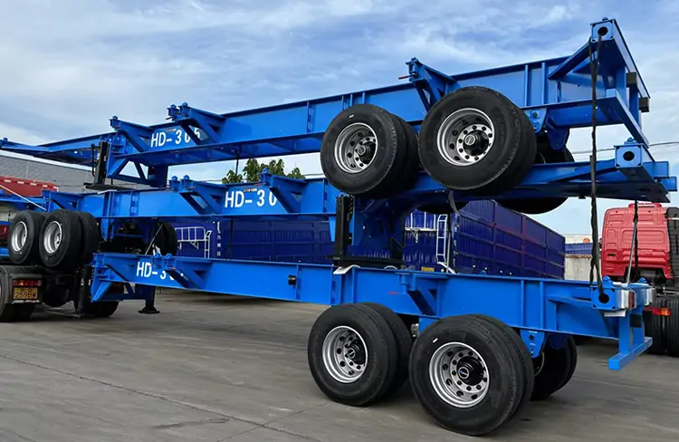 3 Axle 12 Twist Locks Skeleton Chassis-flatbed trailer_skeletal trailer_low bed trailer_dump trailer_cargo trailer-Shandong Jiuzhou Automobile Manufacturing Co., Ltd. 3 Axle 12 Twist Locks Skeleton Chassis-flatbed trailer_skeletal trailer_low bed trailer_dump trailer_cargo trailer-Shandong Jiuzhou Automobile Manufacturing Co., Ltd.