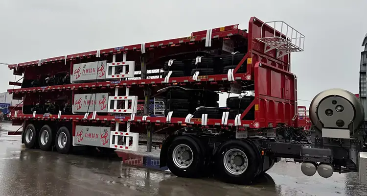 3-Axle Flatbed Semi-Trailer Shipped to Uganda for 40FT Container Transportation-flatbed trailer_skeletal trailer_low bed trailer_dump trailer_cargo trailer-Shandong Jiuzhou Automobile Manufacturing Co., Ltd.